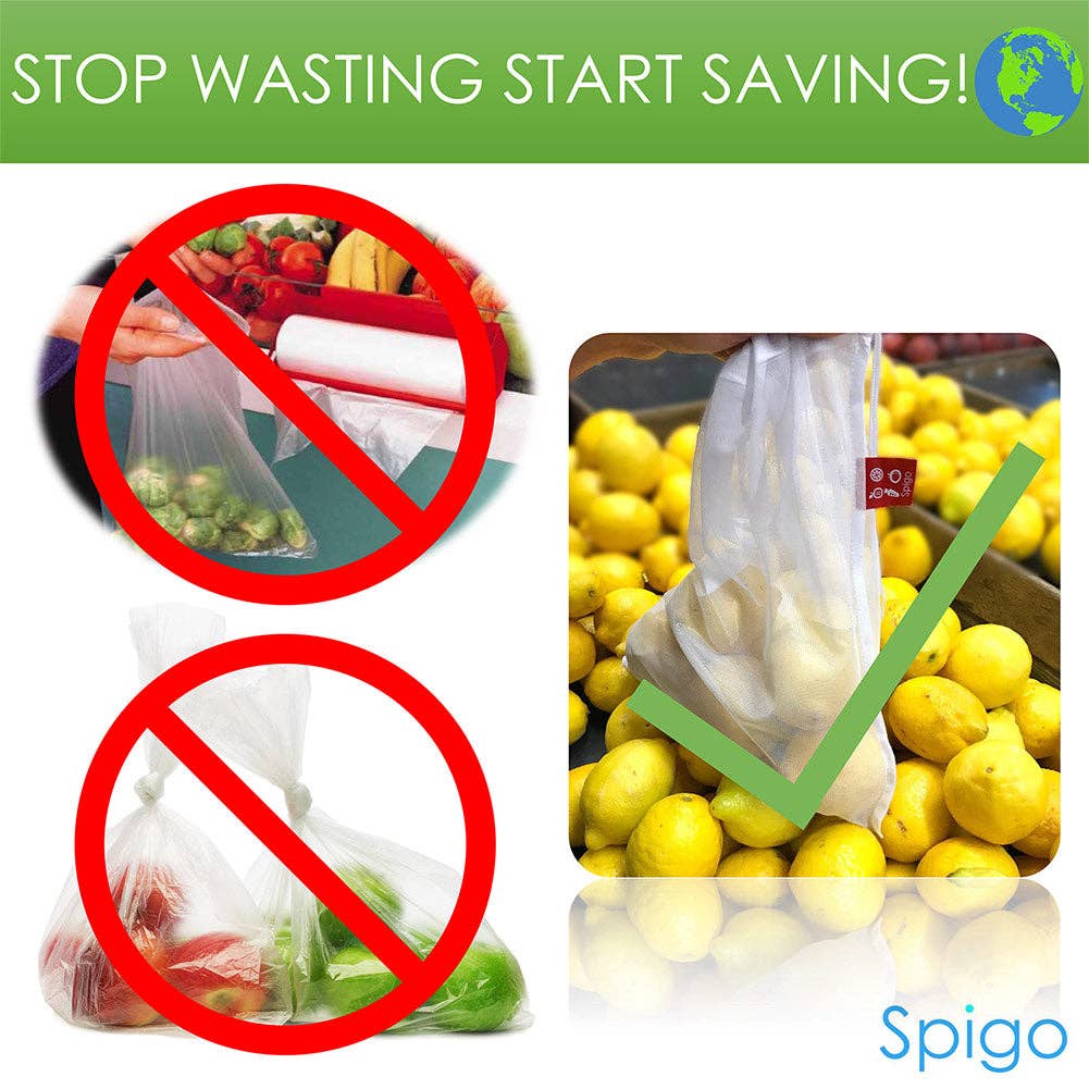ShopBobbys - Vente Sacs de course/à provisions - Sacs à fruits et légumes en maille réutilisables et lavables Spigo, 5 unités, 12 x 14 pouces3