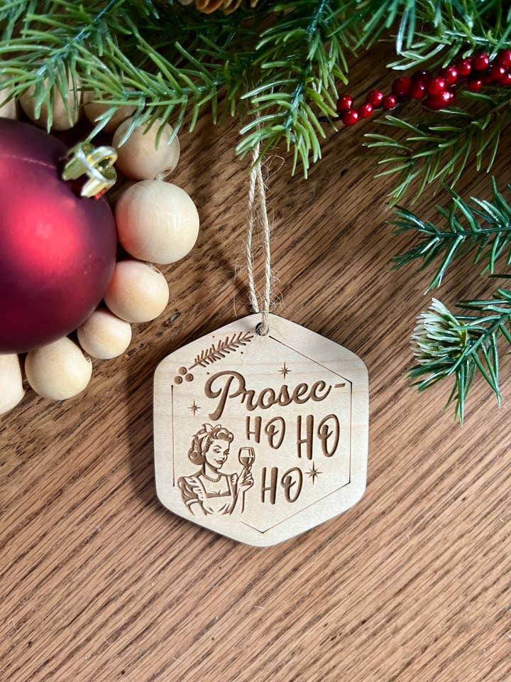 Retro Woman Drinking Prosecco-ho-ho Christmas Ornament for wholesale by Rustic Raleigh