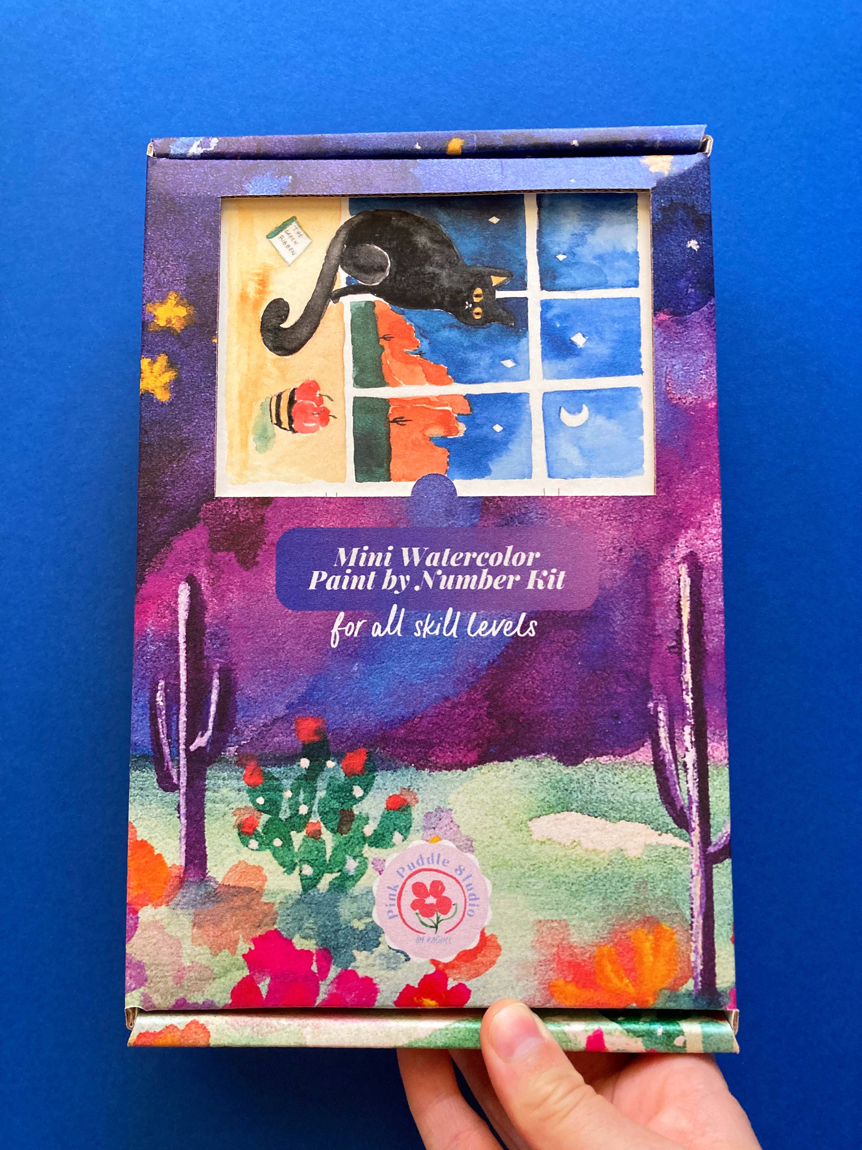 Pink Puddle Studio - Wholesale DIY Craft Kit - Black Cat Night Winter Watercolor Paint by Number DIY Kit 6