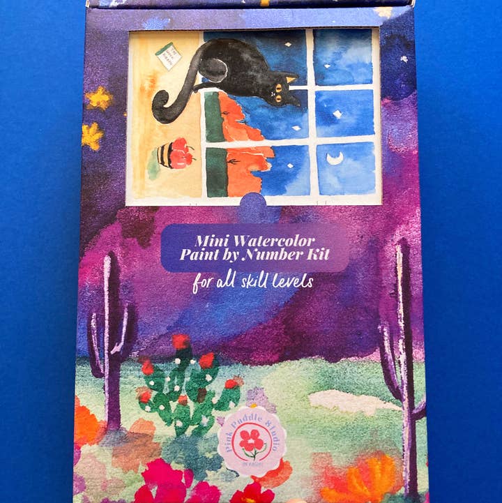 Pink Puddle Studio - Wholesale DIY Craft Kit - Black Cat Night Winter Watercolor Paint by Number DIY Kit 6