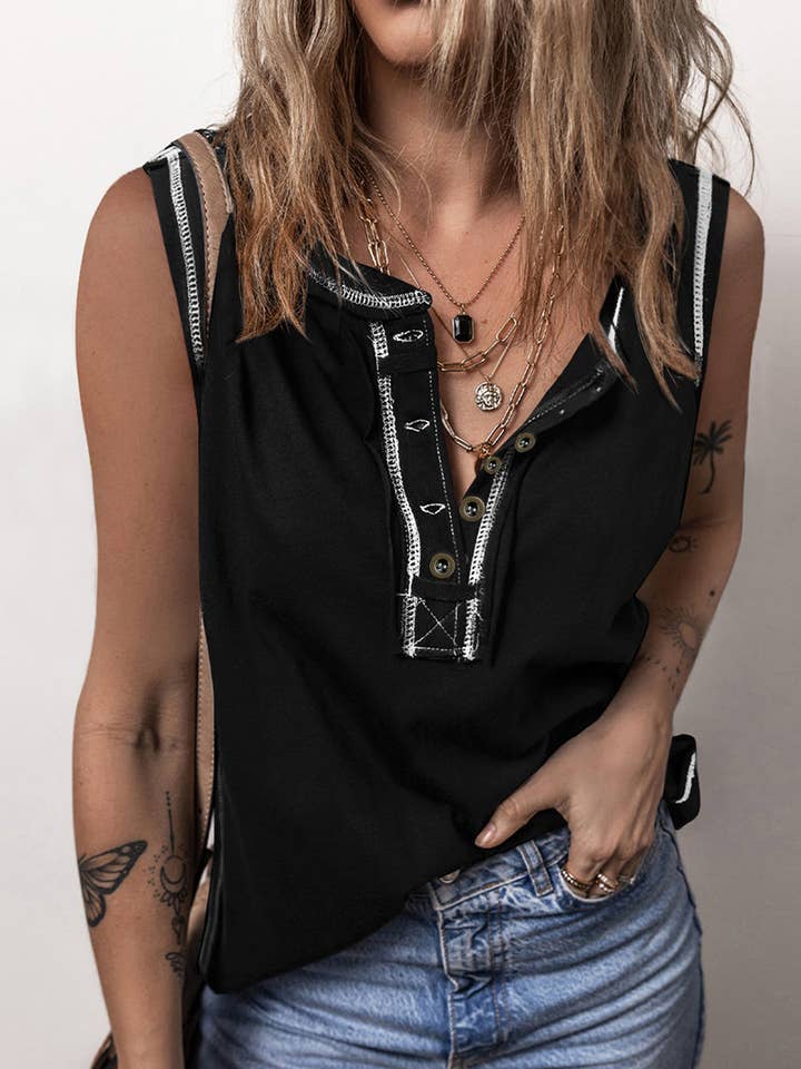 Lovesoft - Wholesale Tank Top - Women's - Contrast Stitching Exposed Seam Henley Tank Top