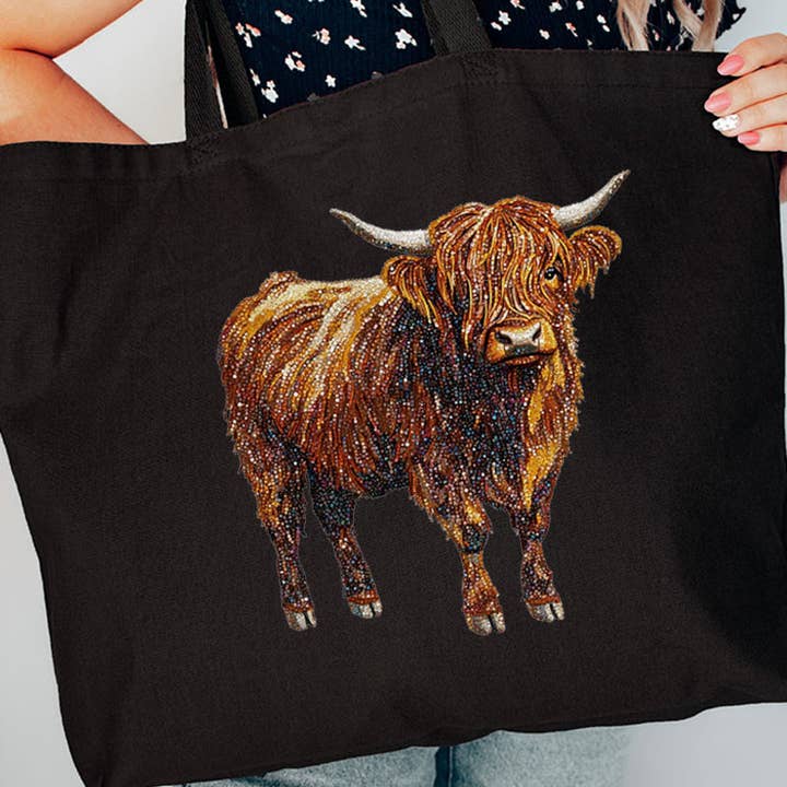 Wholesale Accessory Market - Wholesale Tote Bag - Women's - Faux Rhinestone Highland Cow Canvas Jumbo Tote0