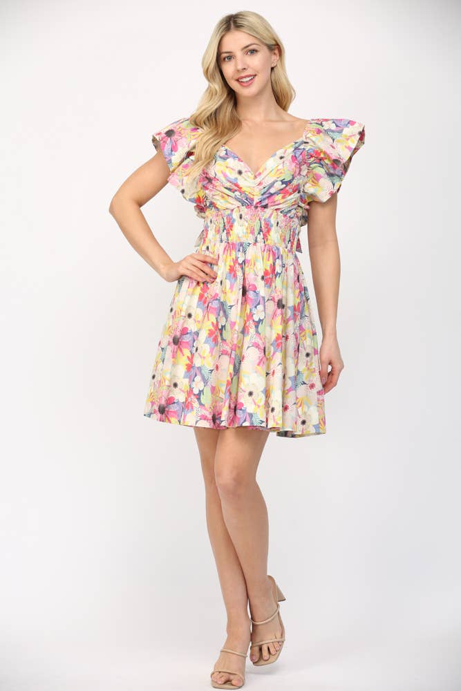 PINK MULTI FLUTTER SLEEVES PLEATED DETAIL MINI DRESS FD35205 for wholesale on Faire6