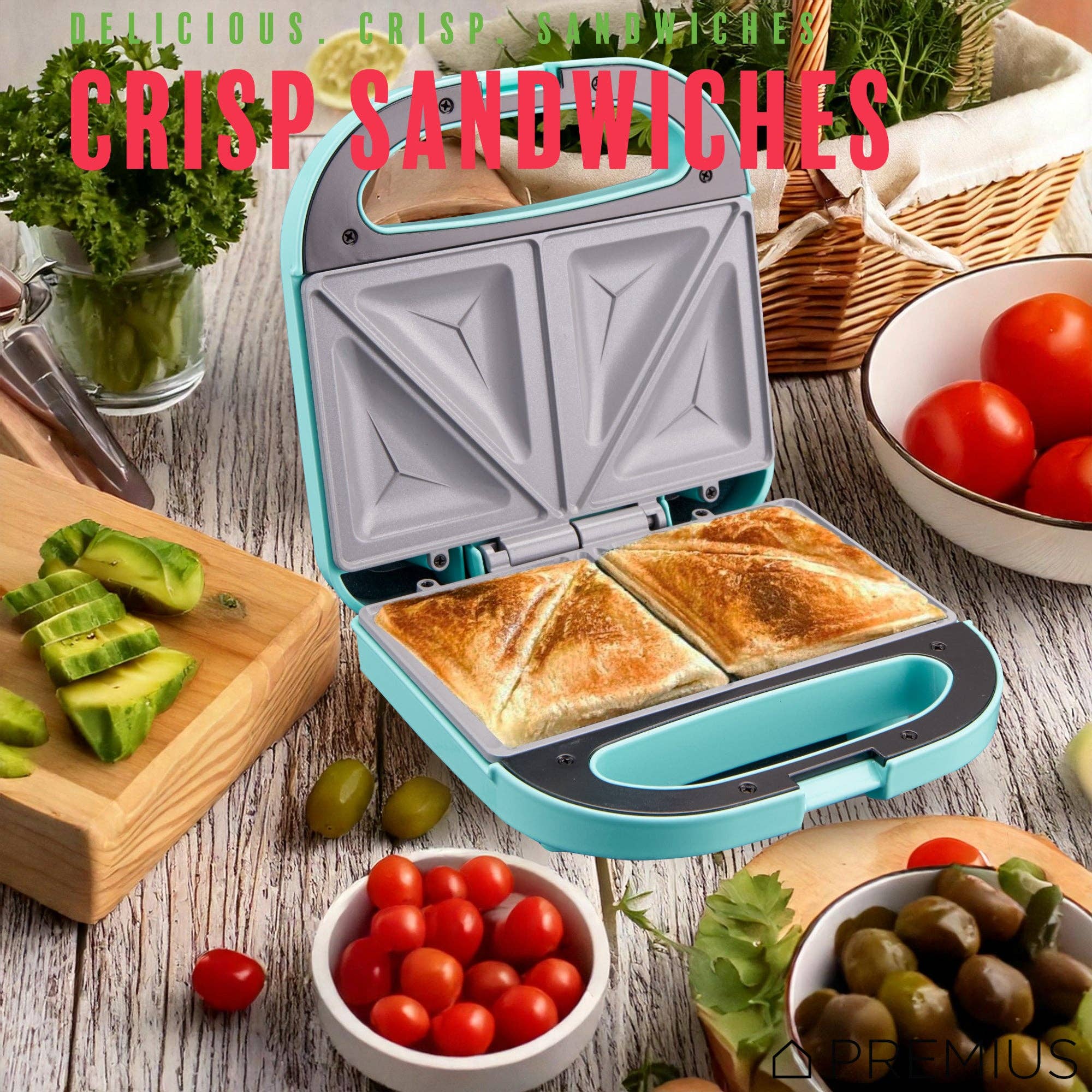 ShopBobbys - Wholesale Kitchen Appliance - PREMIUS Ceramic Non-Stick Double Slice Sandwich Maker, 8.25x4.75 Inch Mold8