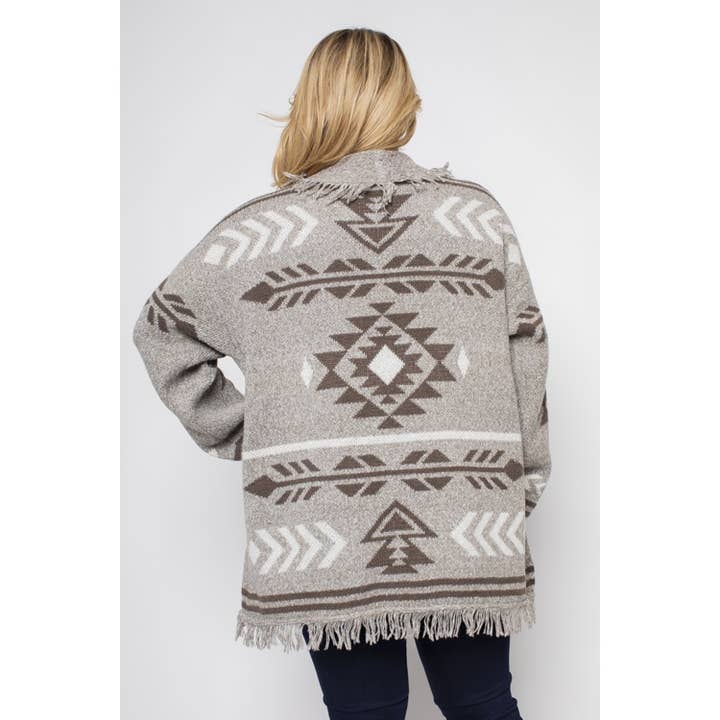 Curve Market - Wholesale Cardigan - Women's - PLUS SIZE BOHO AZTEC FRINGE SWEATER CARDIGAN
