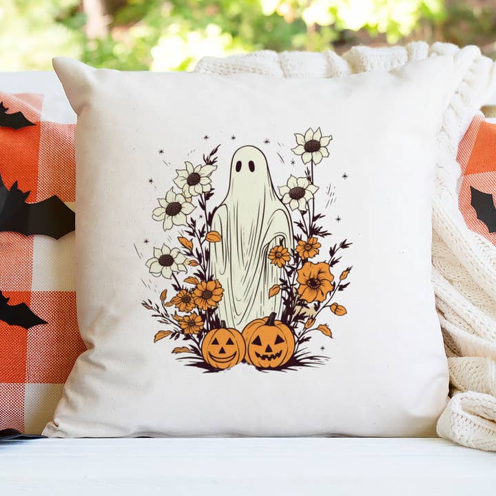 Solo funda de almohada con diseño de fantasmas de Halloween con flores y calabazas para venta al por mayor de Love You a Latte Shop