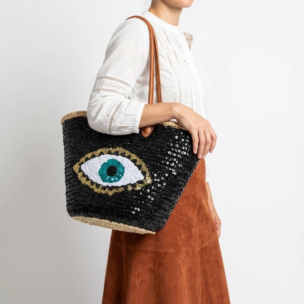 Melecraft - Vente Sac de plage - Sac fourre-tout en paille à sequins œil maléfique - Noir bohème plage5