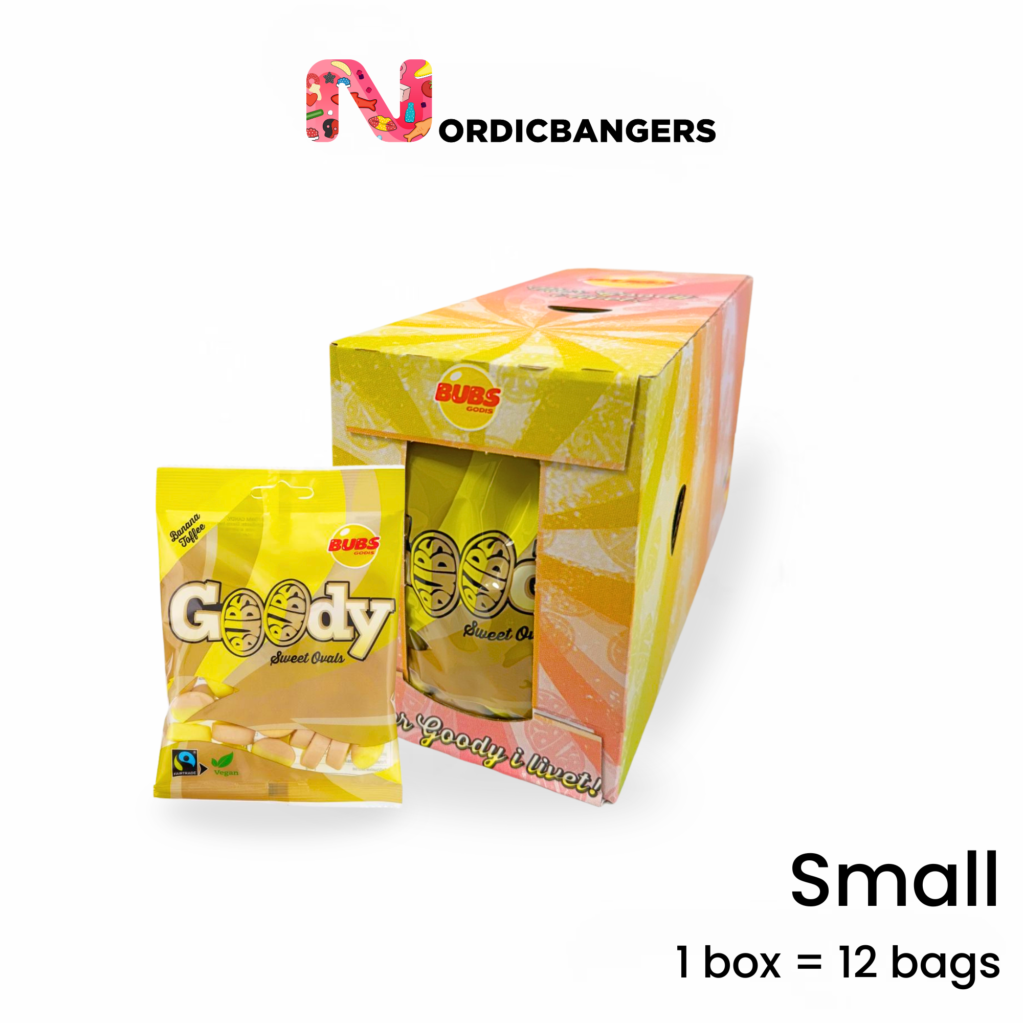 Nordicbangers - Swedish Candy Supply - Vendita all'ingrosso Caramelle gommose - Bubs Banana & Toffee Goodie – 90g Caramelle Vegane Svedesi0