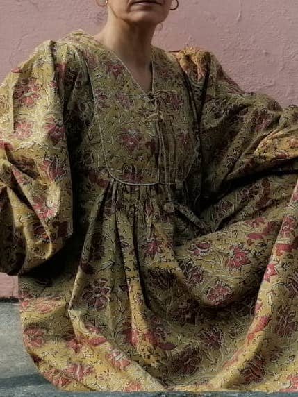 Quilted Cotton Tie-Front Dress – Hand Block Print Floral for wholesale by Cotton Conscious