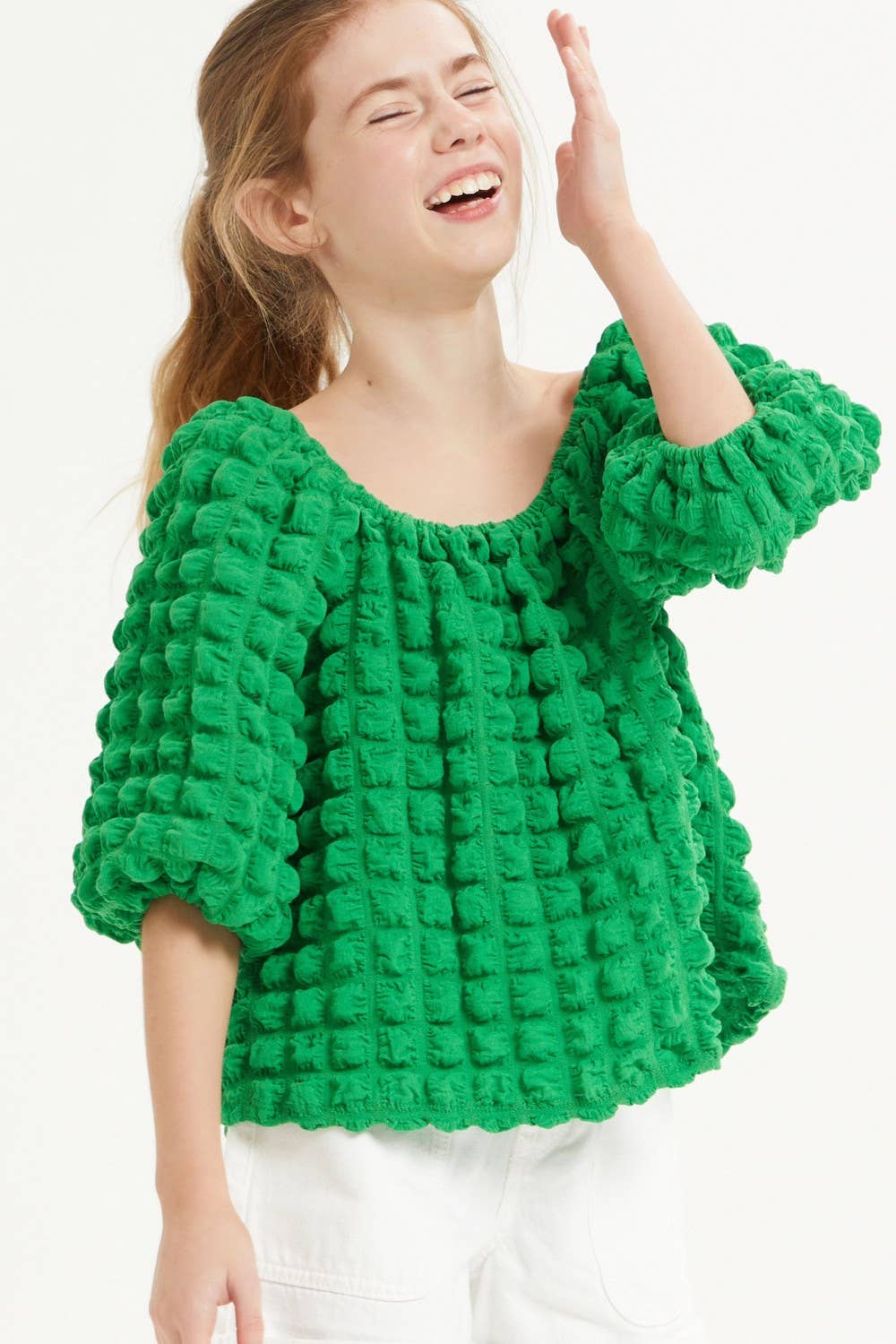 Good Girl - Wholesale Knit Top - Kids - Embossed Bubble Texture Balloon Sleeve Top3