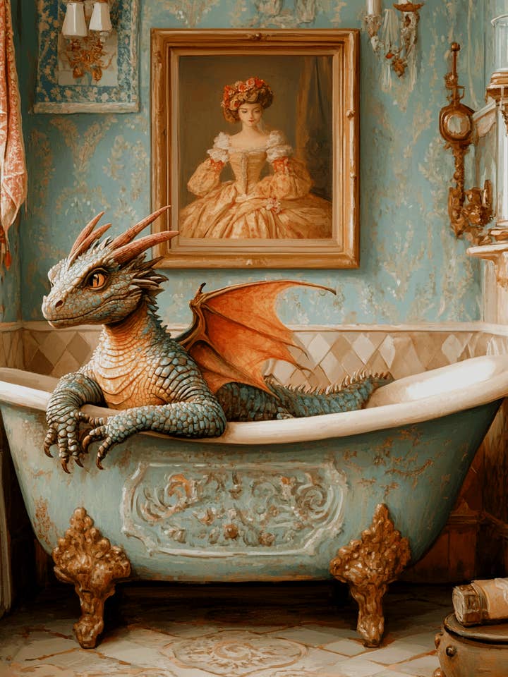 Young Draco in Bathtub - Dragon Wall Art Prints – 8″x10″ Artwork for 11″x14″ Frame for wholesale by Mowbi
