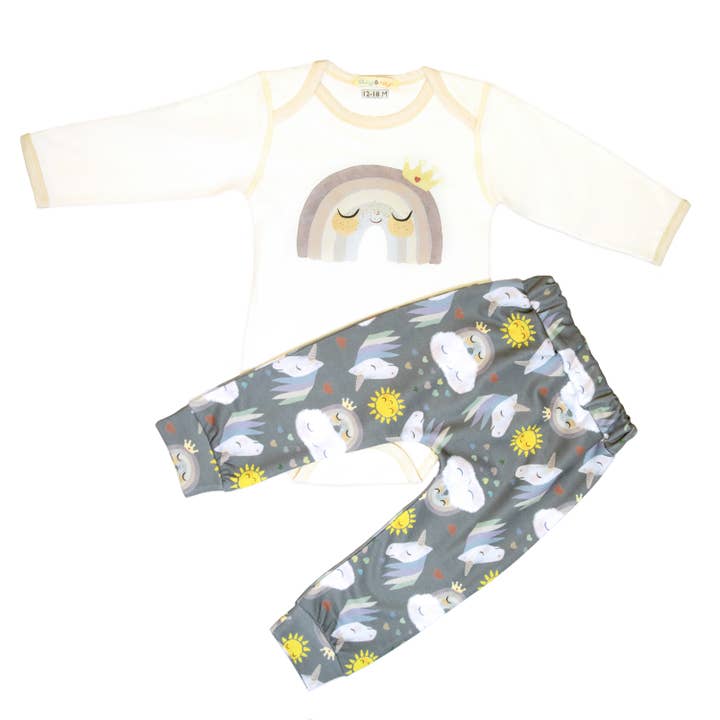 Rainbow onesie + sun, clouds, rainbows print pant set for wholesale by Olly & Arya