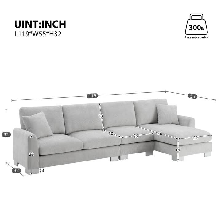 Light Gray Oversized L-shaped Sectional Sofa with Chaise and 2 Pillows for wholesale on Faire