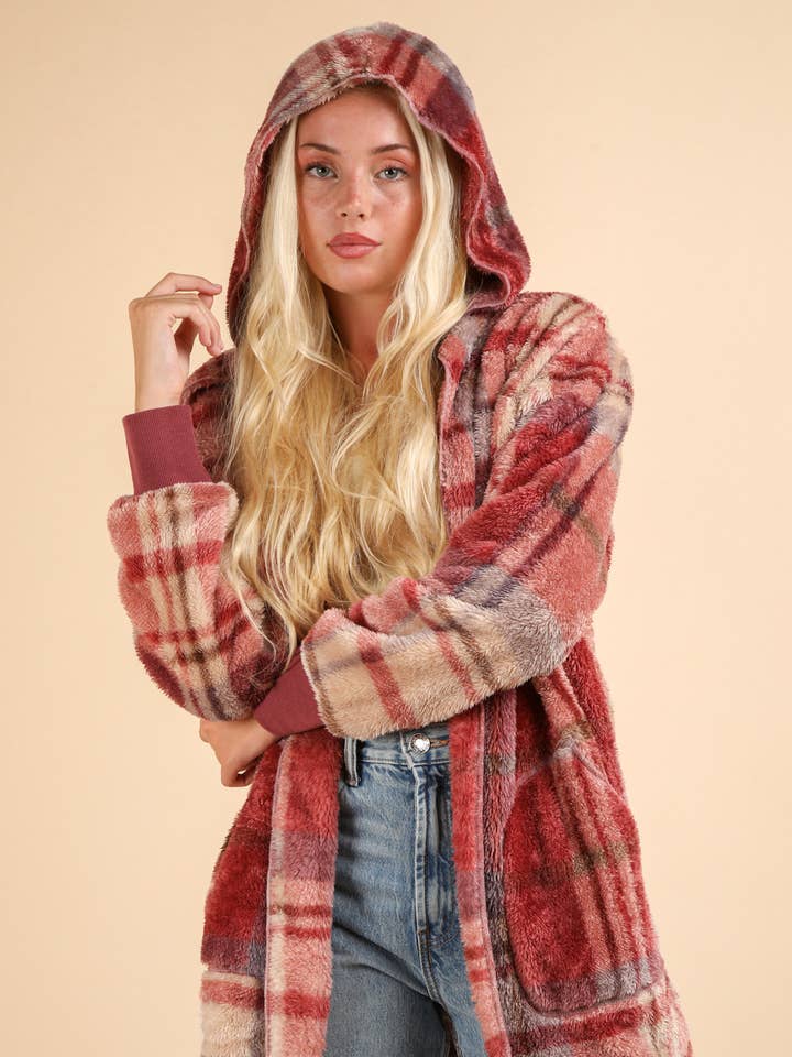 VERY J - Wholesale Jacket - Women's - NJ90302X-PLUS SIZE Faux Fur Tunic Hooded Printed Jacket