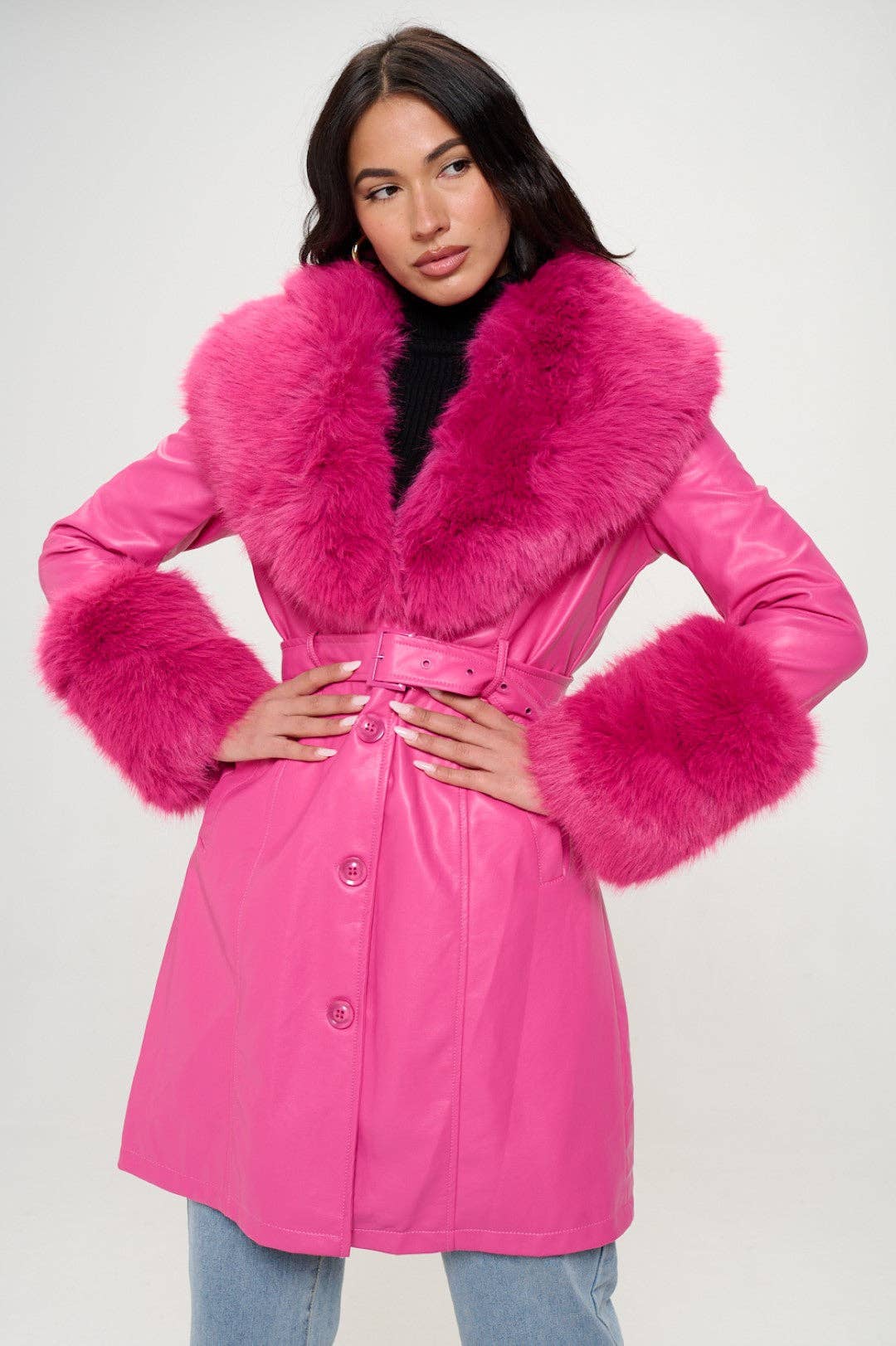 Hot Pink L414L1: Emberlong Vegan Leather Coat for wholesale on Faire3