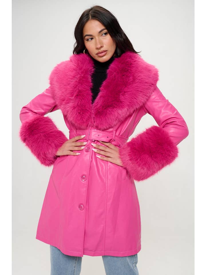 Hot Pink L414L1: Emberlong Vegan Leather Coat for wholesale on Faire3