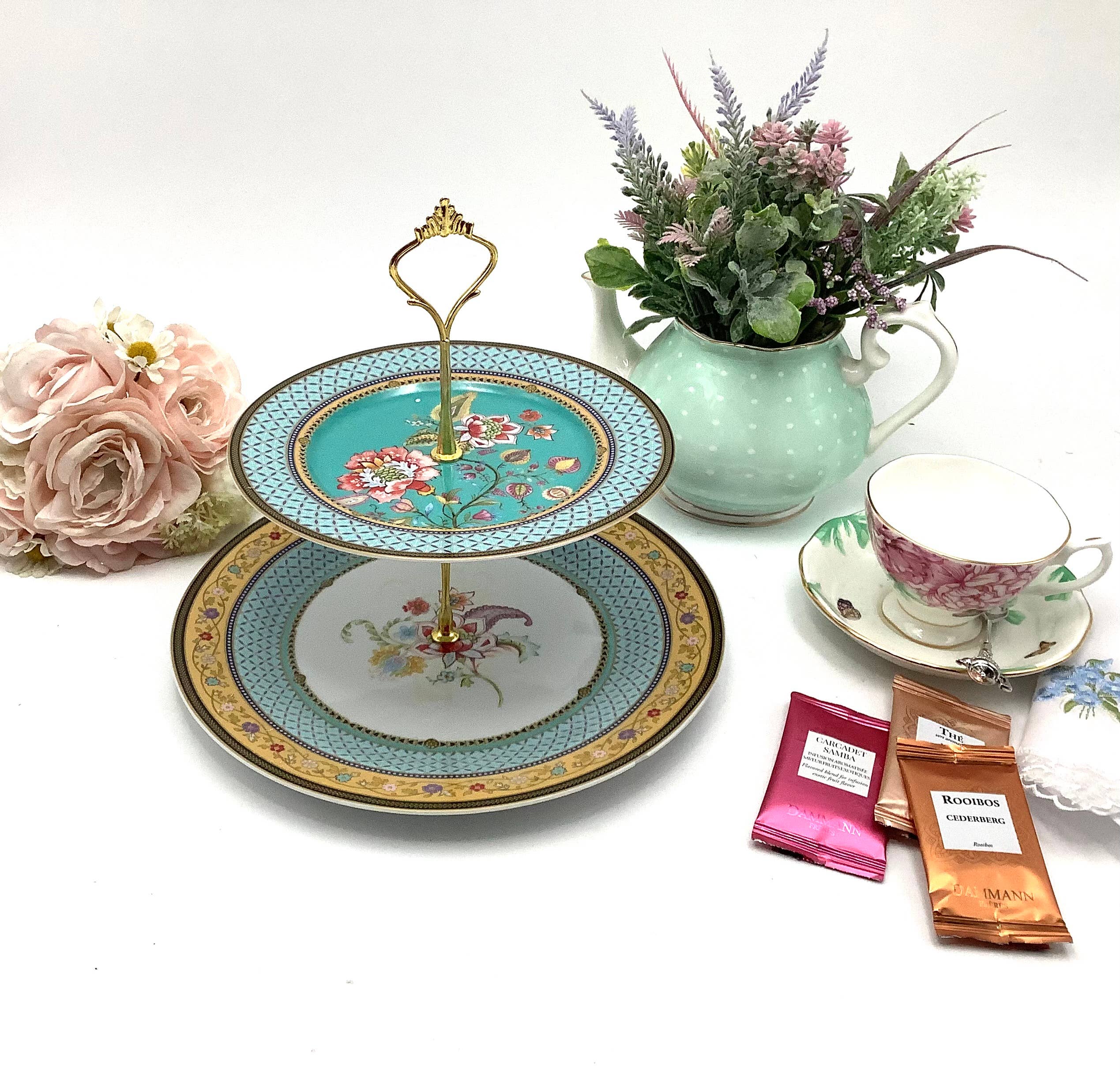 All Little Cute Things - Wholesale Cake Stand - Flowers with Turquoise Teal Border Tiered Cake Stand2