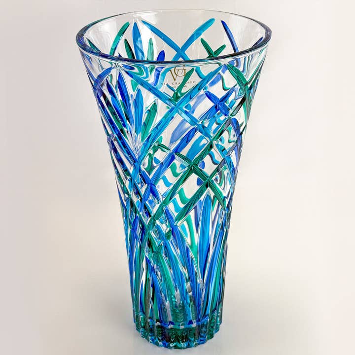 Grand vase en cristal, Melodia, bleu et vert, fabriqué en Italie pour la vente par Via Graceffo