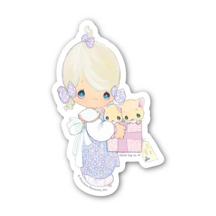 Autocollant étanche Precious Moments® - Fille avec des chats pour la vente par Blank Tag Co. - Waterproof Stickers