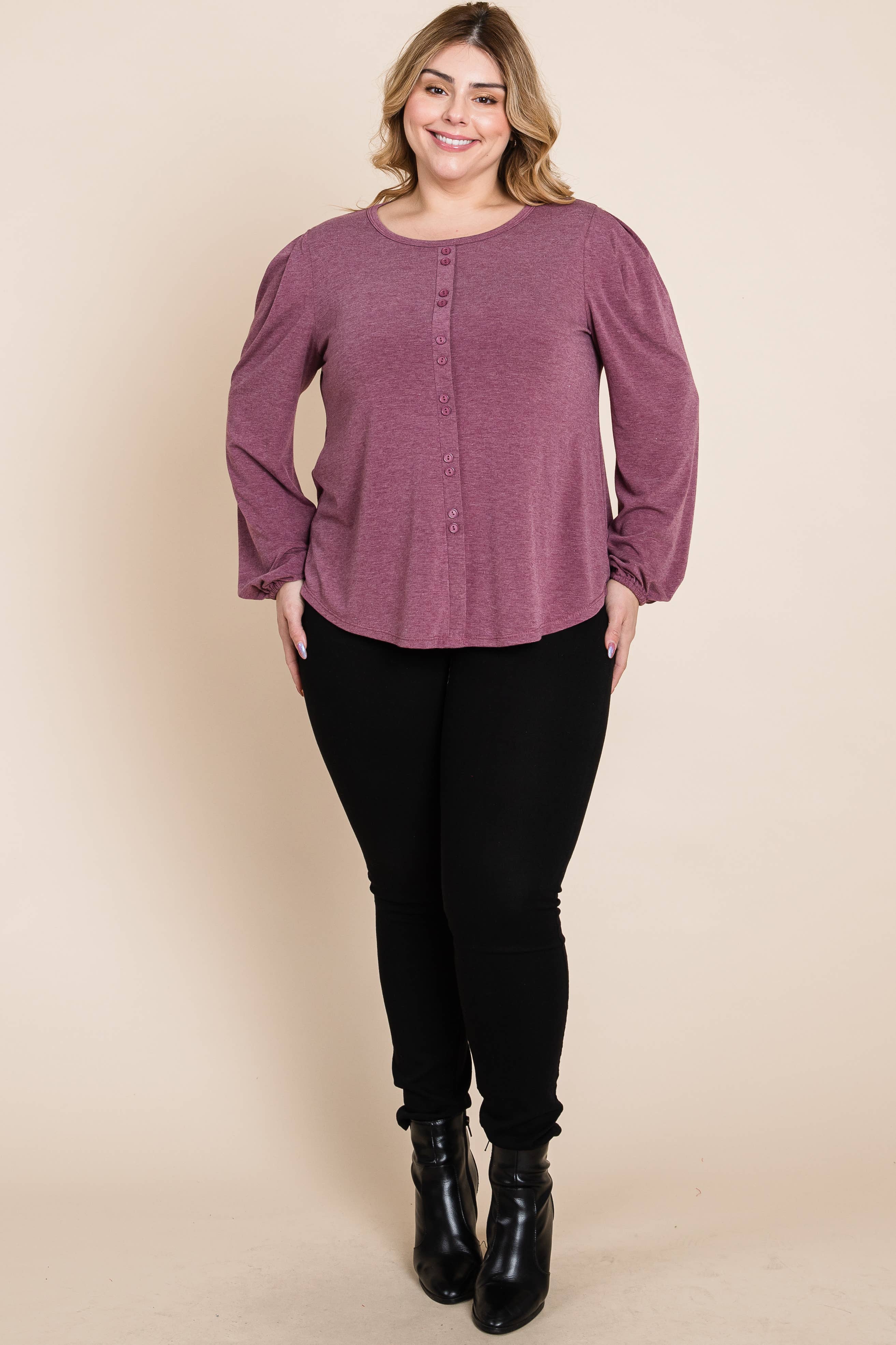 Burgundy ETK-8883-PL Plus Size Solid TR Spandex Long Sleeve Top for wholesale on Faire1