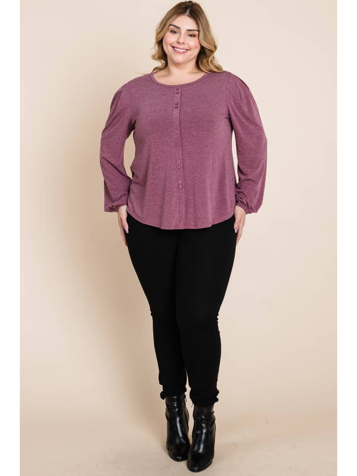Burgundy ETK-8883-PL Plus Size Solid TR Spandex Long Sleeve Top for wholesale on Faire1