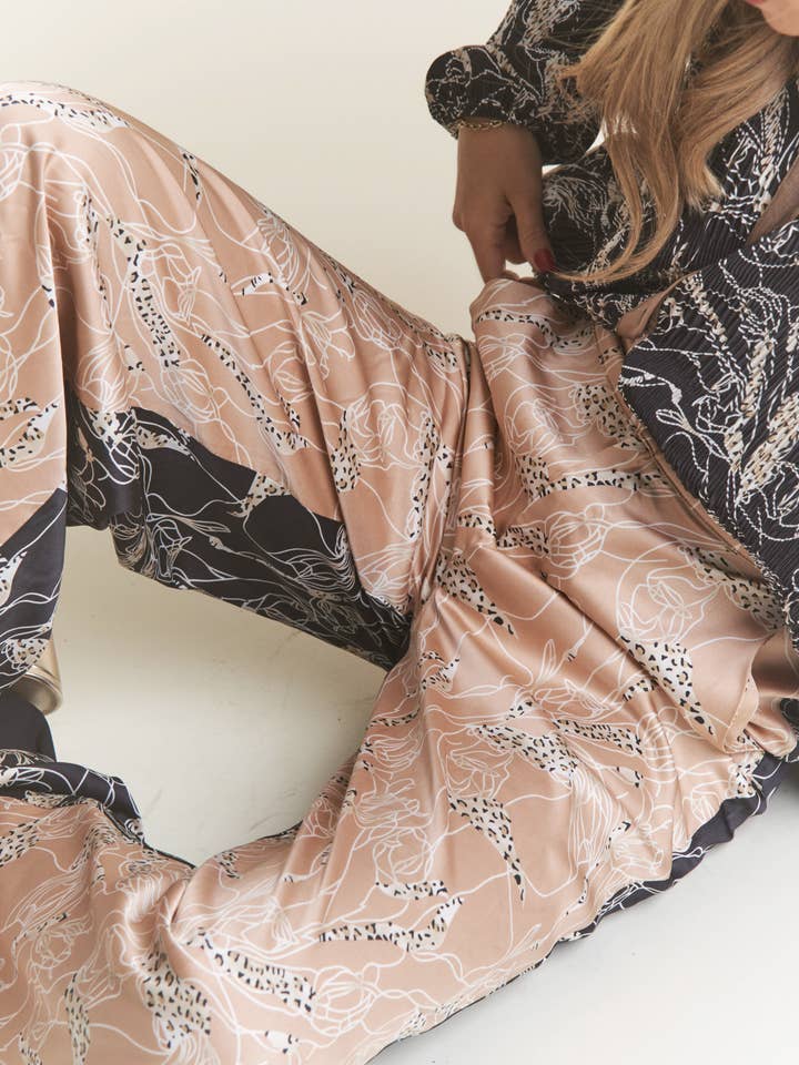 Champagne Black Satin Multi Pattern Color Block Wide Leg Slacks for wholesale on Faire3