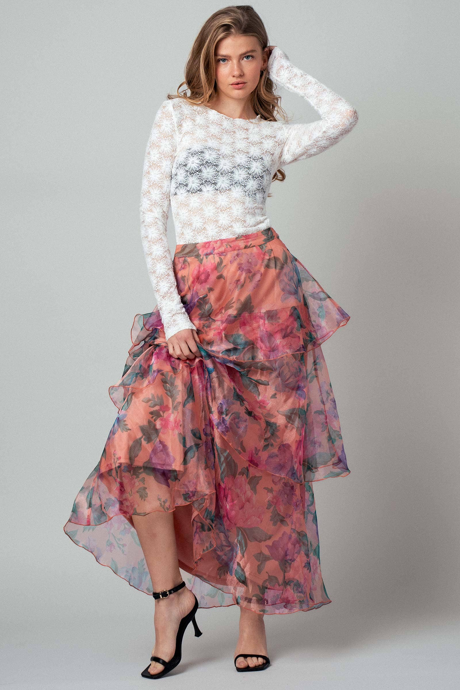 PEACH MULTI Sheer Floral Print Tiered Organza Maxi Skirt for wholesale on Faire7