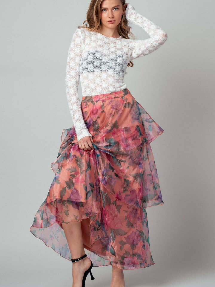 PEACH MULTI Sheer Floral Print Tiered Organza Maxi Skirt for wholesale on Faire7