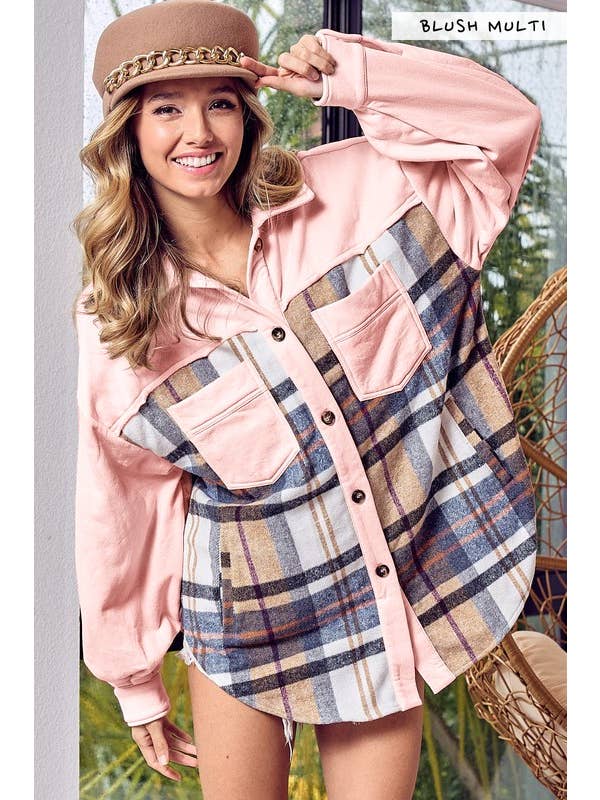 Vanilla Monkey - Wholesale Shirt Jacket/Shacket - Women's - Vintage Plaid Contrast Oversized Fleece Jacket1