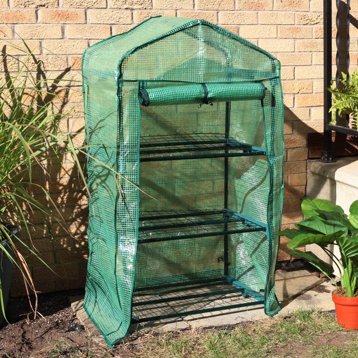 Iron Mini Greenhouse with 3 Shelves/Zipper - Green for wholesale by Sunnydaze Decor