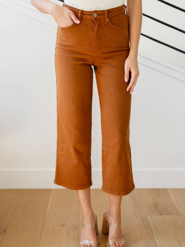 High Rise Control Top Wide Leg Crop Judy Blue Jeans in Camel for wholesale by Avenue Wholesale