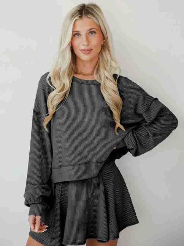 Marayn - Wholesale Top & Skirt Set - Women's - Autumn Ribbed Set Lantern Sleeve Top Pleated Skirt2