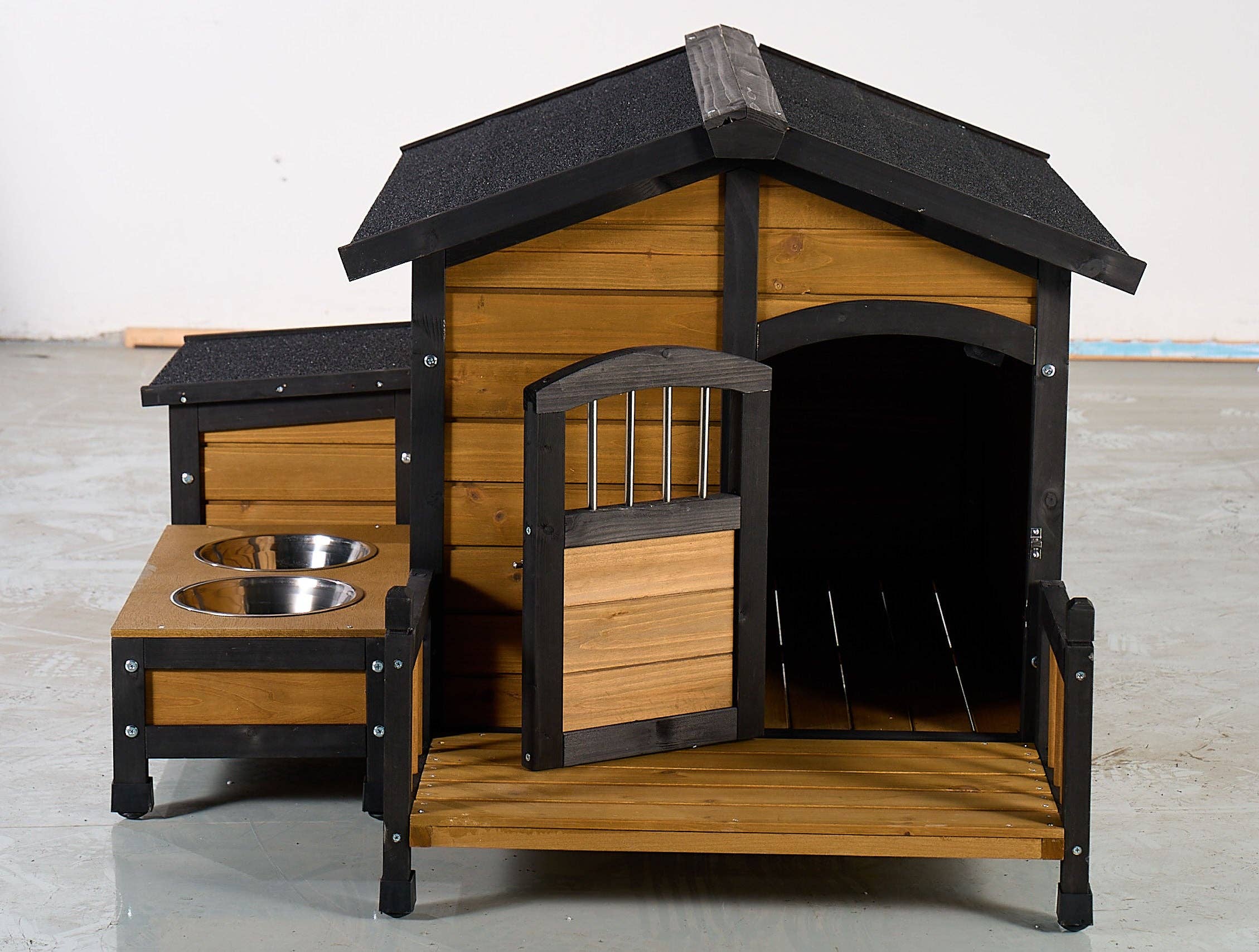 39F Inc. - Wholesale Pet Deodorizing Spray - Large Yellow Wooden Dog House with Storage, Feeding Station 4