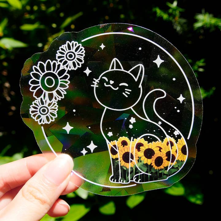 Rainbow Suncatcher | Sunflower Cat | Holographic Sticker for wholesale by Meg-chan Doodles