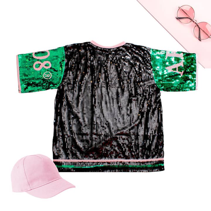 Pink and Green Alpha Kappa Alpha Black Sequin Jersey Shirt for wholesale on Faire