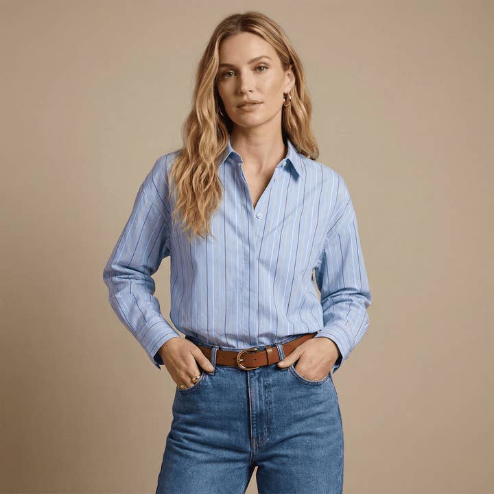 Chemise rayée coupe ample bleu rayures multicolores TDM50320-57 pour la vente par Cecile Wang