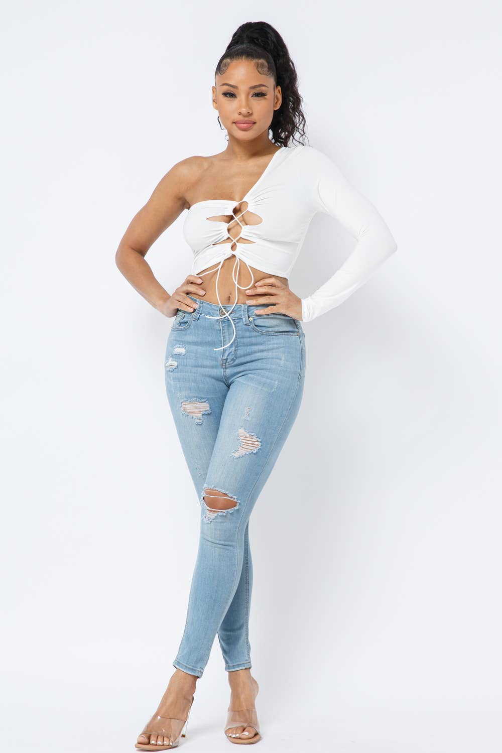 Julia by LoveJ - Wholesale Knit Top - Women's - Yoga Fabric One Shoulder Front Open Tie Crop Top12