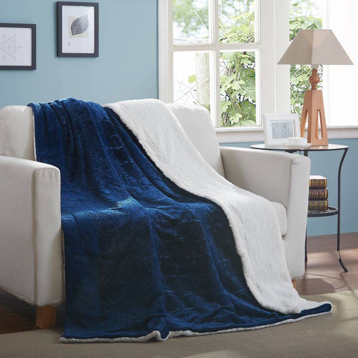 Tache Solid Embossed Cozy Night Blue Sherpa Throw Blanket (62093) for wholesale by Tache Home Fashion