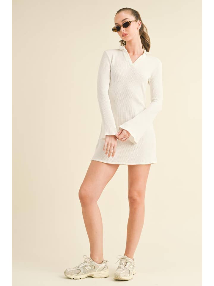 KIMBERLY C - Wholesale Dress - Women's - Waffle Knit Collared Bell Sleeve Dress