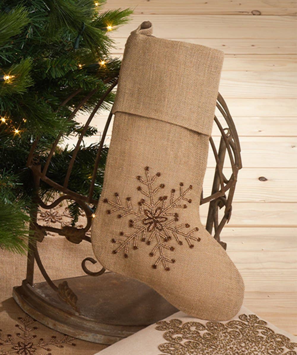 Fennco Styles – wholesale Holiday Stocking – Beaded Snowflake Burlap Christmas Stocking1