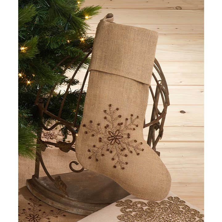Fennco Styles – wholesale Holiday Stocking – Beaded Snowflake Burlap Christmas Stocking1