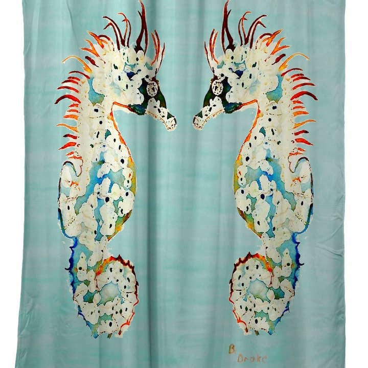 Betsy Drake Interiors - Vente Rideaux de douche - Rideau de douche Aqua Betsy's Seahorse
