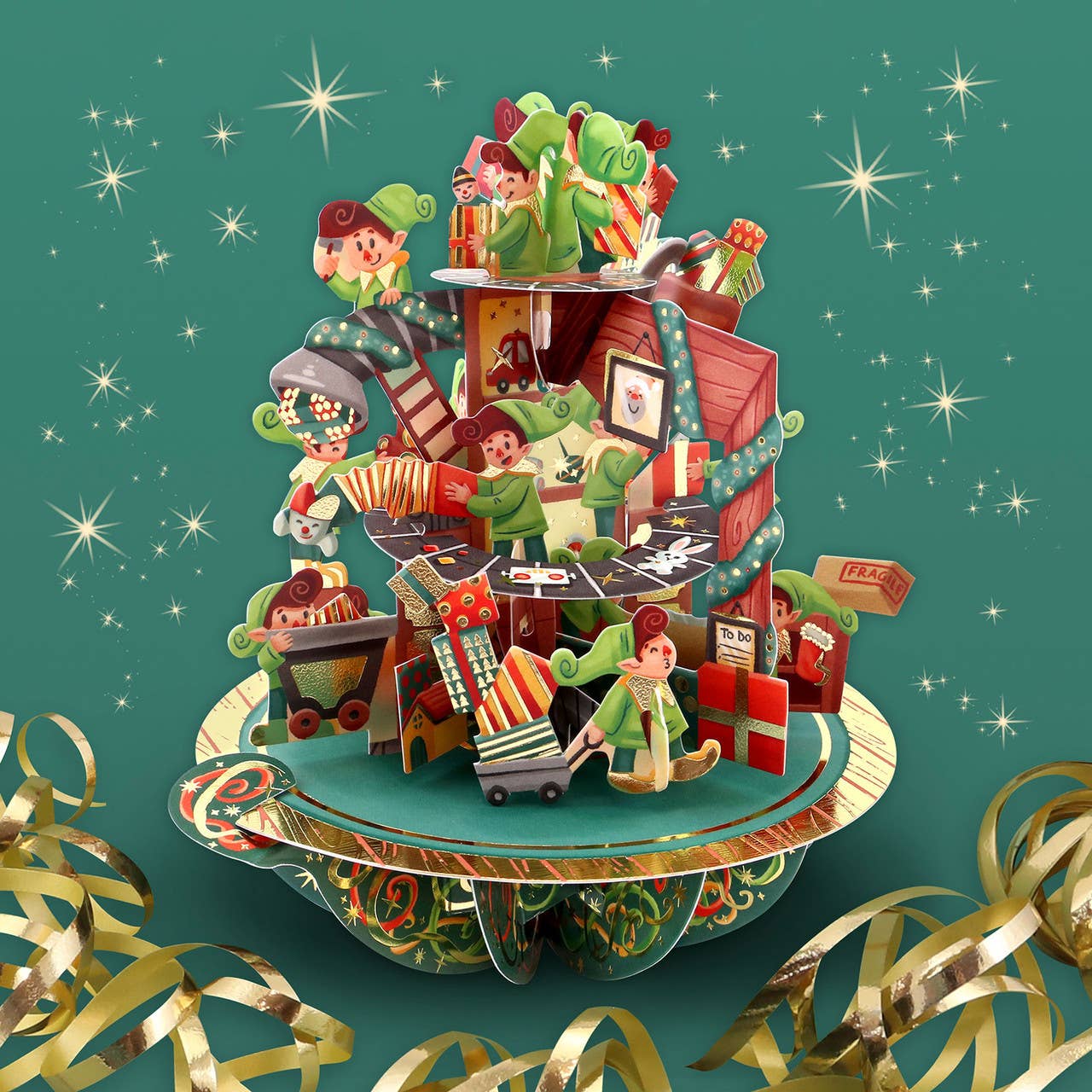 Santoro London - Wholesale Christmas Card - XPS095 - Pirouettes Card - Santa's Workshop2