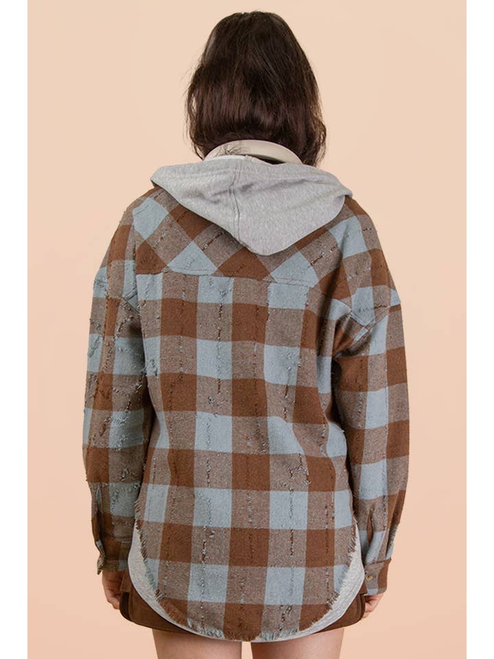 VERY J - Wholesale Jacket - Women's - NT12253-Oversized Flannel Hooded Button Down Jacket27