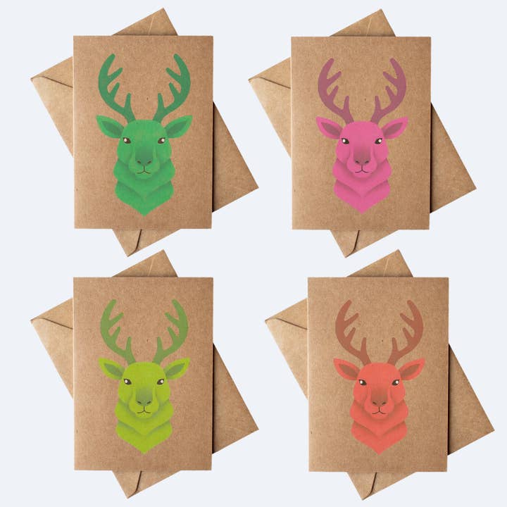 Set of 4 neon red, green, pink reindeer kraft paper Christmas Cards (Copy) for wholesale by Cryptic Paper Co.