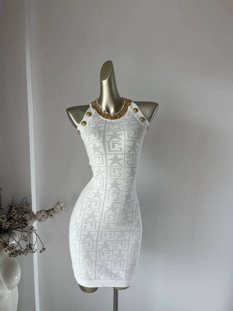 Sanyao Fashion - Venta al por mayor Vestido - Mujer - Vestido de punto ajustado sin mangas con cuentas hecho a mano SY41213