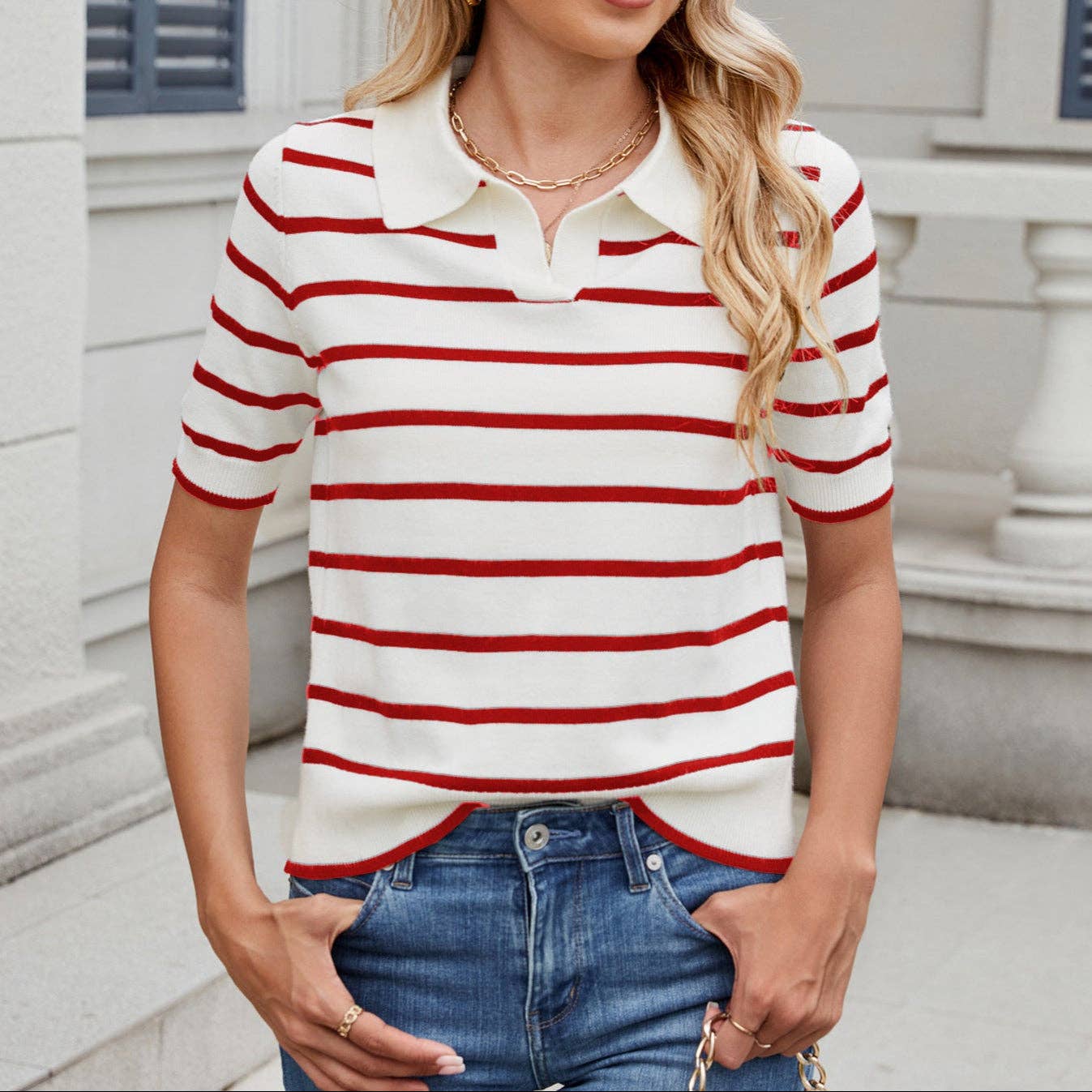 safistyle - Wholesale Knit Top - Women's - Women’s Casual Striped Lapel Sweater Top7