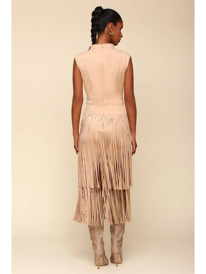 Biscuit Faux Suede Tiered Fringe Midi Dress for wholesale on Faire6