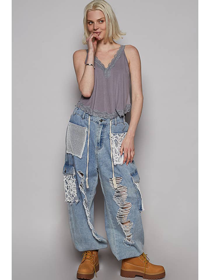 Pol Clothing - Wholesale Pants - Women's - Vintage Wash Crochet Patches Distress Jogger Pants SALE33