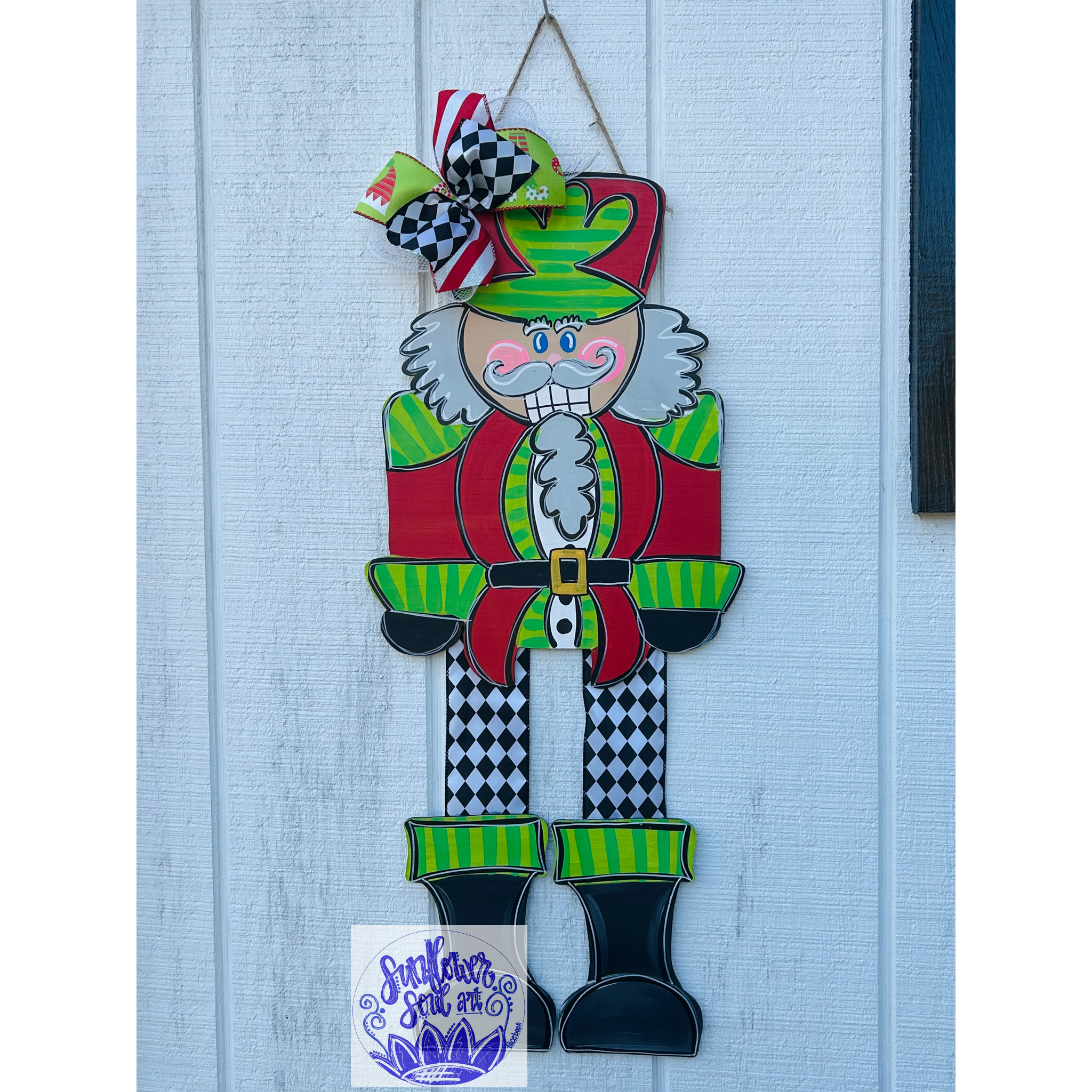 Sunflower Soul Art - Wholesale Door Hanger - Nutcracker door hanger with ribbon legs, green and red.0